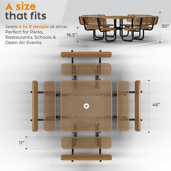 Metal Picnic Tables for Outdoors with Umbrella Hole - Coated Steel Heavy Duty Commercial Grade Table with Adjustable Seats (Brown, 46 in, Square with Back, Expanded Steel)