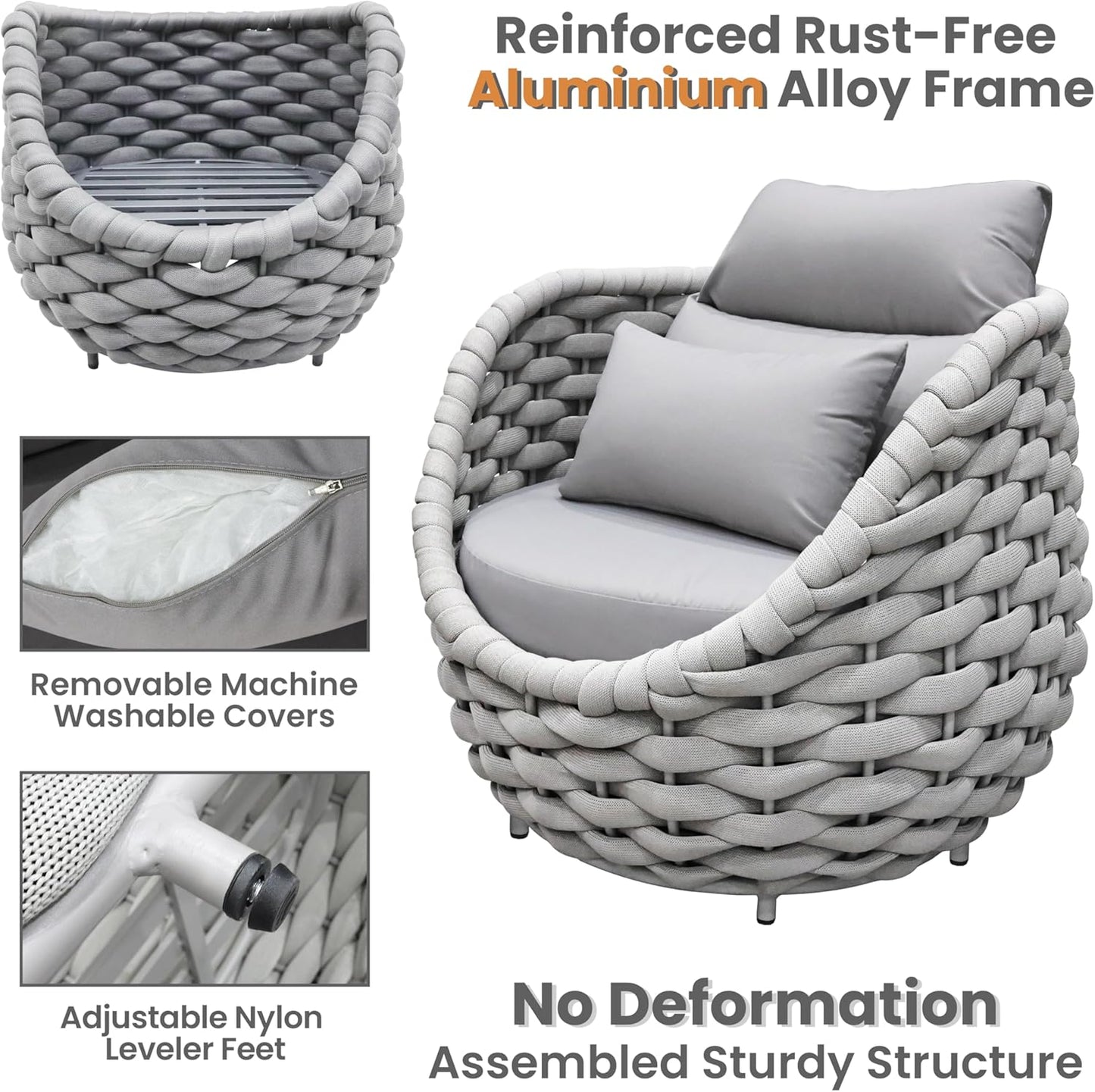 Front Porch Furniture Set: 3 Pieces Aluminum Patio Conversation Sofa Set for 2 - All Weather Woven Rope Outdoor Armchair Set w/Cushions No Assembly for Bistro Pool Yard Balcony Deck Hotel, Gray