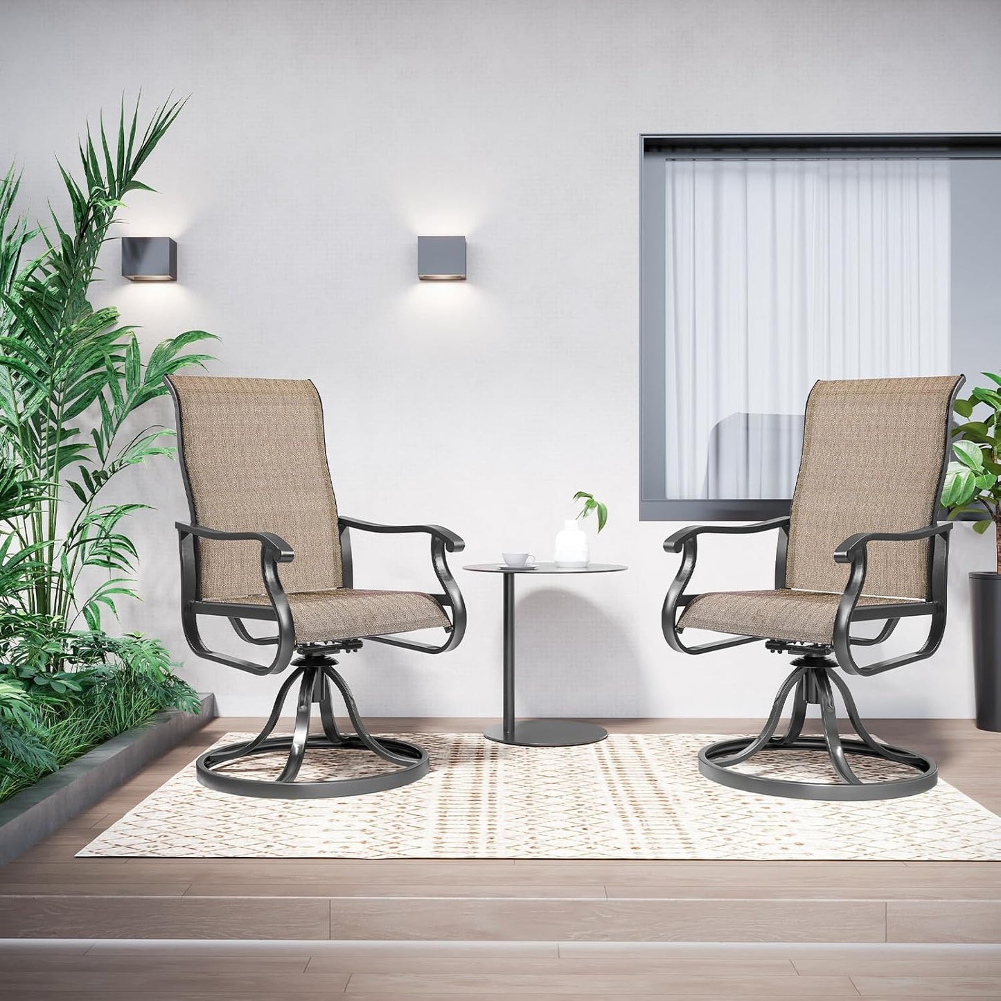 Amopatio Patio Swivel Chairs Set of 2, Outdoor Swivel Rocker Dining Chairs with All Weather Textilene High Back & Metal Frame, for Backyard Deck Lawn Garden, Brown