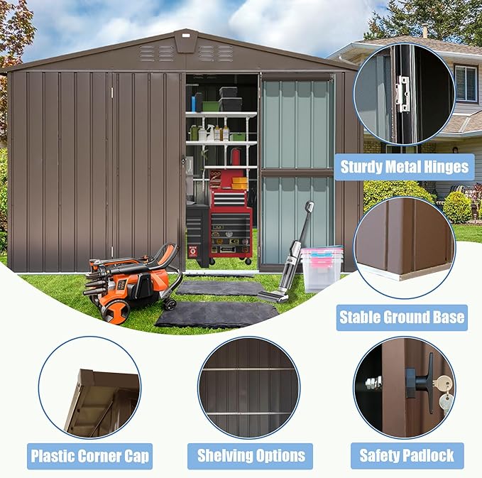 Domi Outdoor Storage Shed 10' x 8’, Metal Garden Shed with Galvanized Steel Frame for Bike, Tools, Lawn Mowers, Pool Toys, Outdoor Storage Cabinet with Lockable Door for Garden Lawn Patio (Dark Brown)