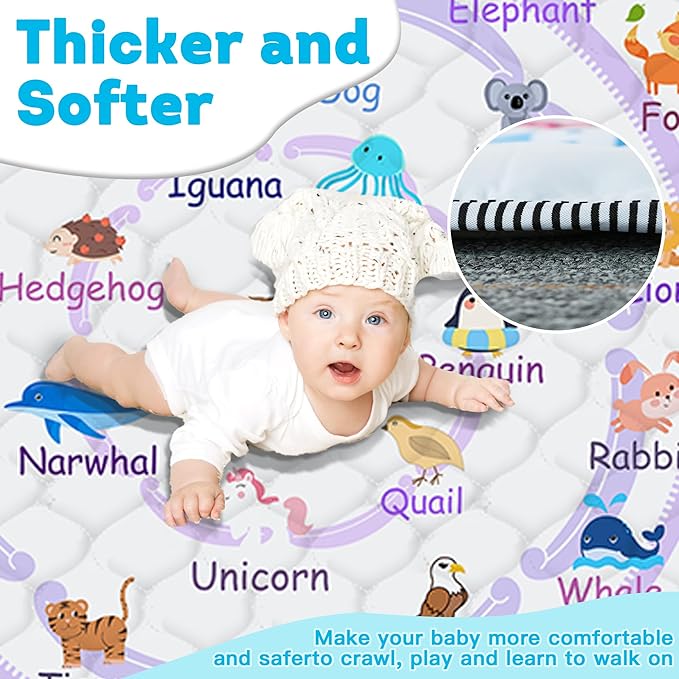 Baby Play Mat，Thick Soft 50" X 50" Playpen mat, Non-Slip and Machine Washable Baby Play Mats for Floor，Crawling Mat for Babies, Toddlers & Infants to Play and Learn (Purple Animal, 50" X 50")