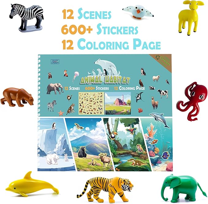 600+ Animal Habitat Stickers & 12 Habitat Scenes & 12 Coloring Pages Spiral Book for Kids Ages 12+ Innovative Car/Plane Activities | Develop Imagination & Creativity Design for Fun & Learning