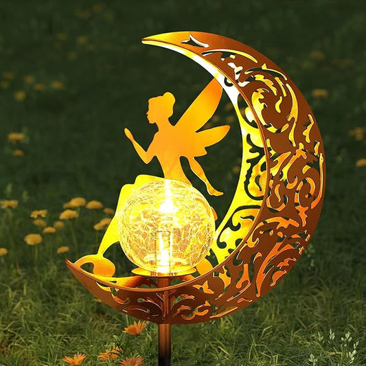 YJFWAL Garden Solar Lights Pathway Stake Lights Moon Fairy Glass Globe with Angel Decor, Outdoor Decorative Lights Waterproof for Walkway, Yard, Lawn, Patio or Courtyard Halloween Decor(Warm White)