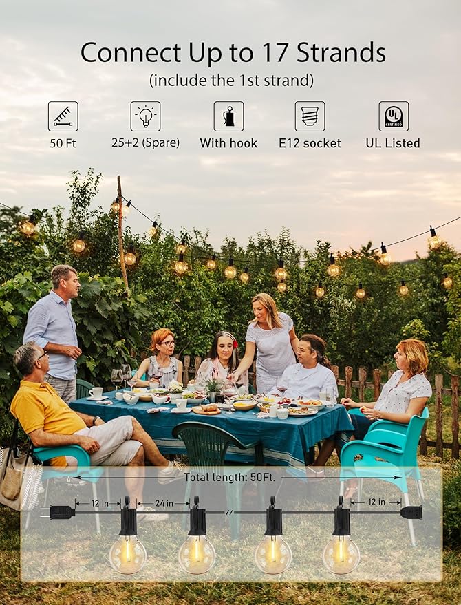 Brightown Outdoor String Lights - 2 Pack Globe Patio Lights 50 Ft with 25 G40 Shatterproof Bulbs, Waterproof Connectable Commercial Hanging Lights for Backyard Bistro Porch Cafe