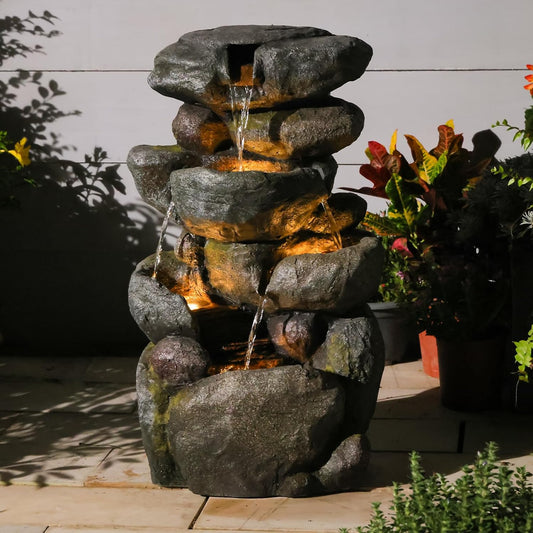 Outdoor Water Fountain 4-Tiers Rock Cascading Indoor Floor-Standing Resin Bubbler Fountain Features Garden, Patio, Yard, Lawn and Home Art Decor, 29“H