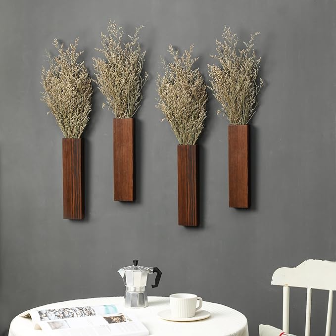 Wood Wall Planter 4 Pack Wall Decor for Artificial Flower Plants Wooden Plants Holders Wall Plant Pocket Vase Hanging for Living Room Bedroom Dining Room Bathroom Indoor Decroation (Dark Brown)