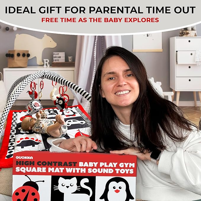 QUOKKA Padded Baby Gym Mat for Floor Tummy Time - High Contrast Baby Kick and Play Gym Mat - 6 Toys | Thick Pad | Machine Washable | Black White Red Colors for Vision Development