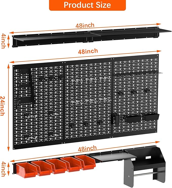 TORACK Metal Pegboard Wall Organizer 4ft Wide, Tool Storage Pegboard System for Garage with Accessories, Wall Mount Storage Bins, Shelves, Peg board Tool Organizer Kit for Workbench(Black)