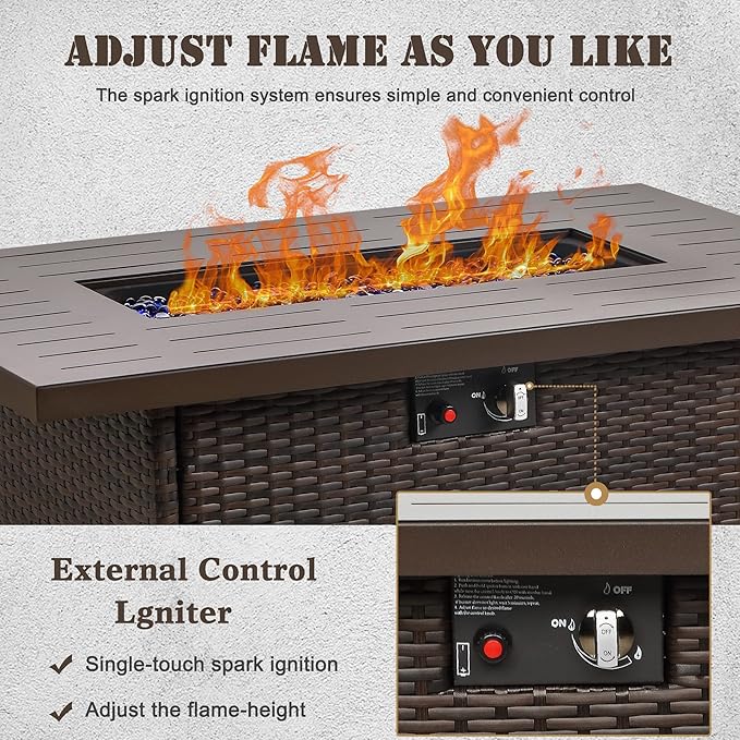 Propane Fire Pit Table,44 Inch 55000 BTU Outdoor Gas Fire Pit Rectangular with Glass Wind Guard for Outside Patio Deck (Brown-Aluminum Top)