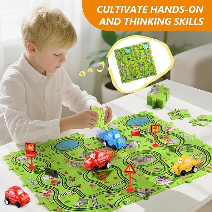 64 PCS Puzzle Race Track Car Set: Toddlers Kids Boys Girls Toys & Gifts for 3 4 5 6 Year Old | Puzzle Tracks Car Toys | with 3 Small Cars Toy and Roadblocks | Play & Learn Toy | Kid for Ages 3-5 4-6