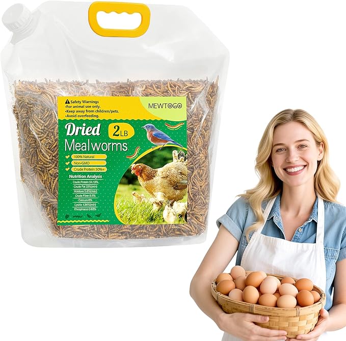 Mealworms Chicken Treats 2 Lbs with Handle Packing, High-Protein Promote Egg Production, Natural Chicken Feed for Laying Hens Wild Birds Ducks