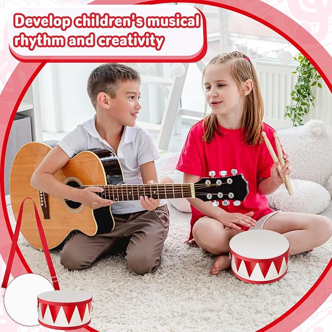 Kids Drum Set 8 Inch Wooden Toy Drum with Adjustable Strap 2 Drumsticks Educational Sensory Musical Instrument Toy Set for Toddlers Kid Baby Boys Girls Gift(Red Triangle Style)