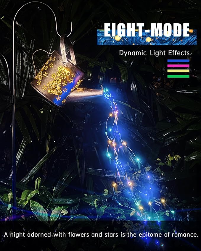 Solar Watering Can with Colorful Lighting, Waterproof Garden Decor, Birthday Gifts for Mom Grandma (Flag, 32 inch Shepherd Hook)