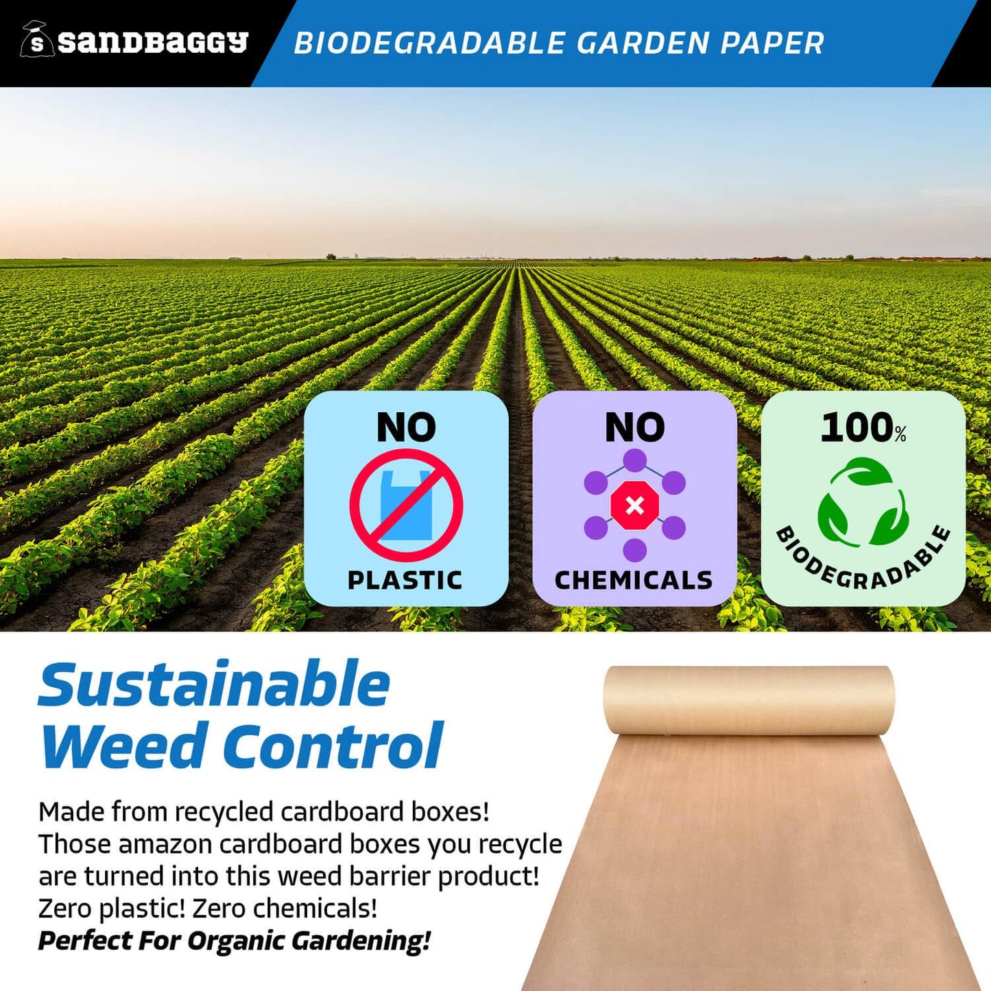 Sandbaggy Biodegradable Landscape Fabric - Garden Paper for Weeds - Paper Mulch Rolls - Made in America (3 ft x 475 ft, 1)