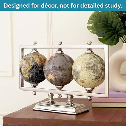 Rely+ Set of 3 4'' World Globes Sturdy Metal Silver Stand Rotating Desktop Globe For Geographic Home Decorative Desk Table Office Gift - Book Shelf Decor World Globe - Landscape