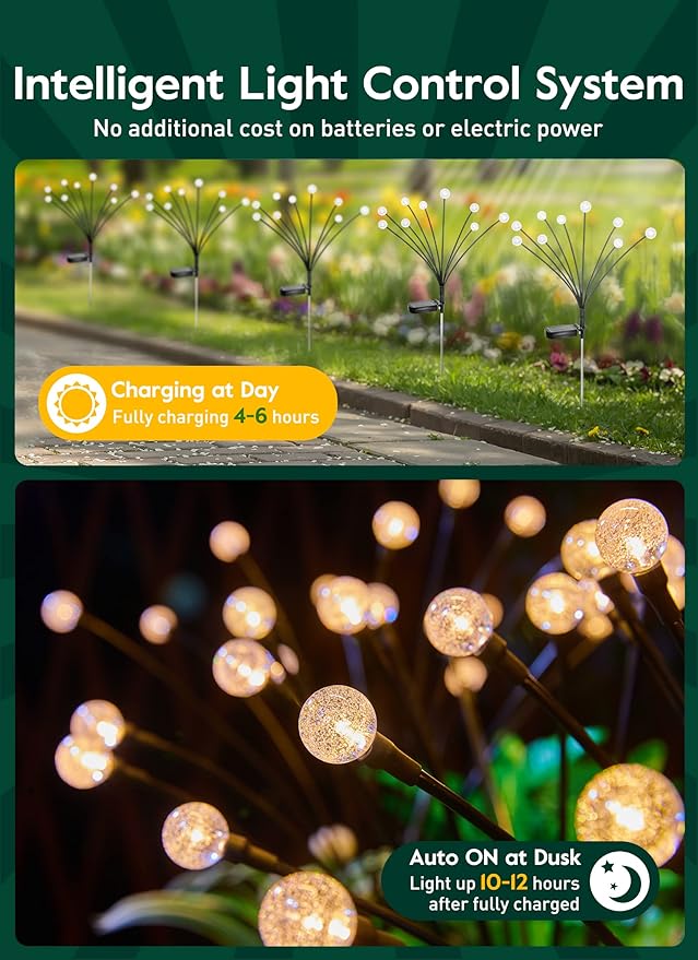 Solar Garden Lights - 4 Pack 12 LED Crystal Solar Firefly Lights with 2 Lighting Mode, Sway by Wind, Waterproof Solar Decorative Lights, Solar Outdoor Lights for Yard Walkway Decoration, Warm White