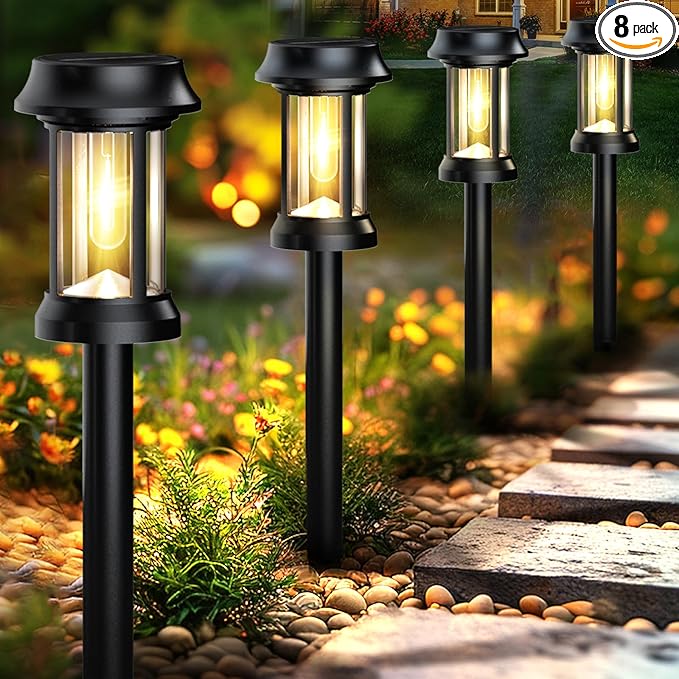 Solar Pathway Lights, 8 Pack Glass Solar Lights Outdoor, Solar Stake Lights Landscape Lighting for Outside Path Walkway Driveway Sidewalk Lawn Yard Garden Decor