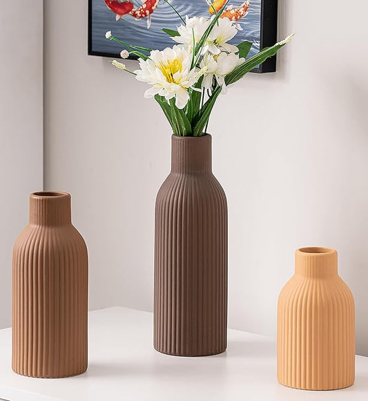 Ceramic Vase Set of 3, Flower Vases for Spring Room Decor, Kitchen Farmhouse, Modern Boho Style(Brown/Dark Brown/Orange)