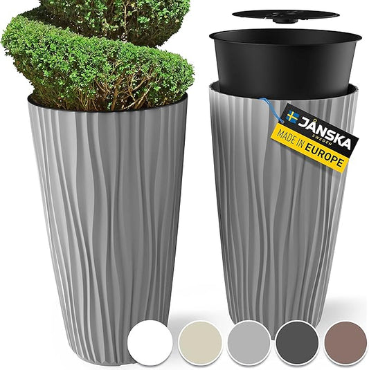 Mueller M-Resin Heavy Duty Tall Planter, Indoor/Outdoor Grande Plant, Tree, Flower Pot, 2-Piece Set, 24”, Modern Design, Built-in Drainage, Light Grey