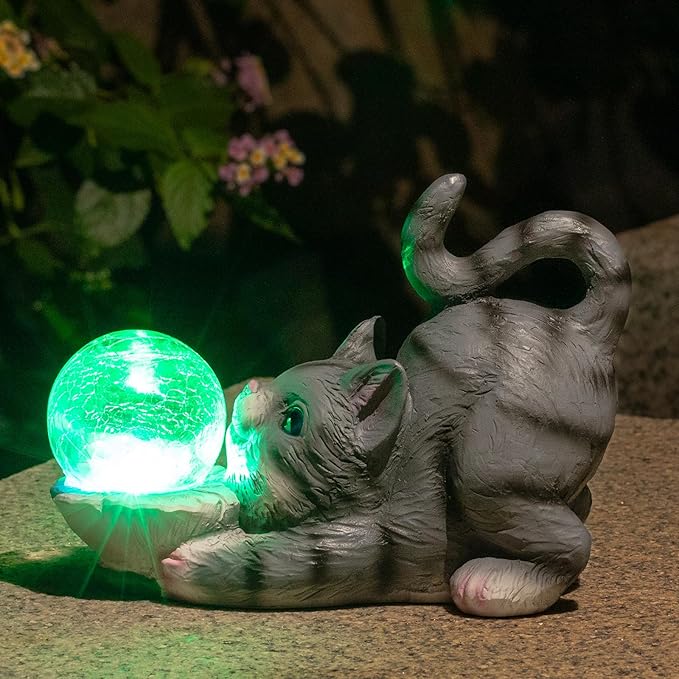 HUYIENO Solar Garden Statue Outdoor Cat Decor Figurine Lights Waterproof Garden Decor with Solar Crackled Ball Lights Housewarming Gifts for Yard,Patio,Lawn