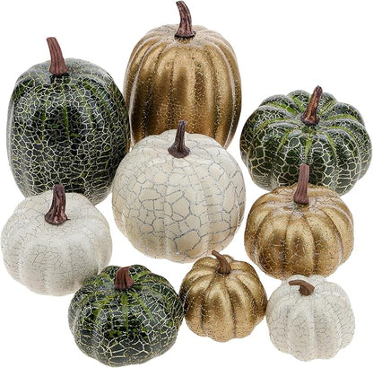9 Pcs Pumpkins for Decorating,Fall Decorations,Artificial Foam Pumpkin for Autumn Harvest Thanksgiving Halloween Table Decor (Green&White&Gold)