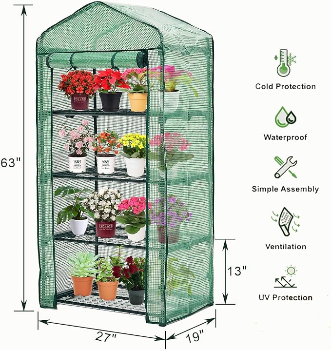 Mini Greenhouse for Indoor Outdoor,Plant Green House 4-Tier Rack Stand Portable Greenhouses with Durable PE Cover for Seedling, 2.5x1.6x5.2 FT Ideal Gardening Gifts for Women Men(PLGH704G)