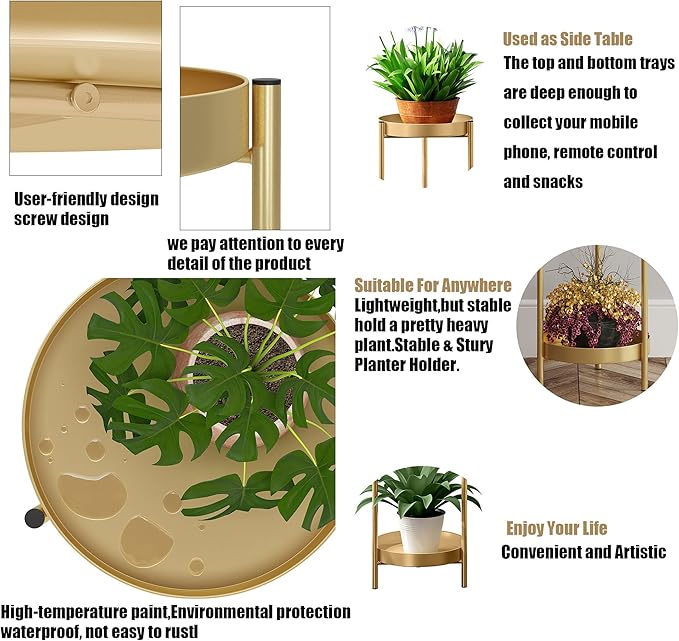 2 Tier Metal Flower Plants Holder with 2 Removable Display for Indoor or Outdoor,Pot Plant Planter Display (Gold 2P)