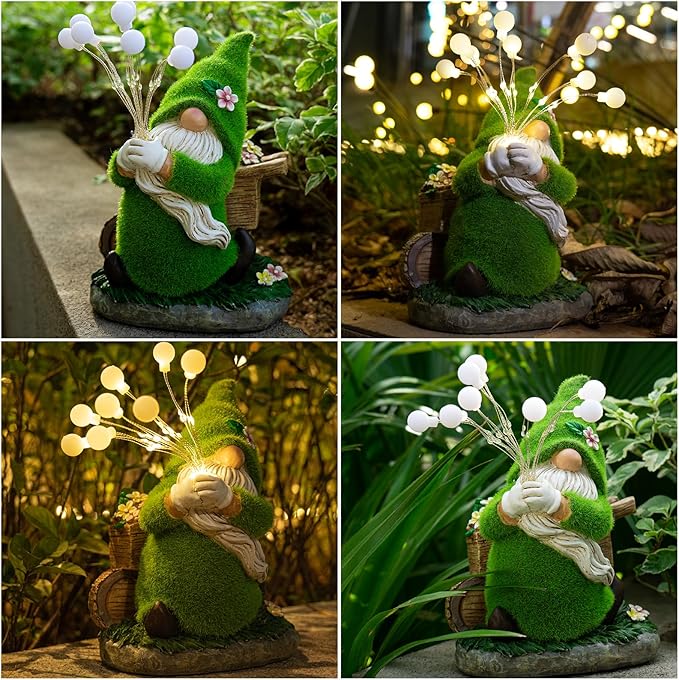 mopha Garden Gnomes Statues Outdoor Decor, Funny Solar Powered Fairy Firefly Lights Lawn Ornaments, Resin Figurines Outside Decoration Clearance Gardening Gift