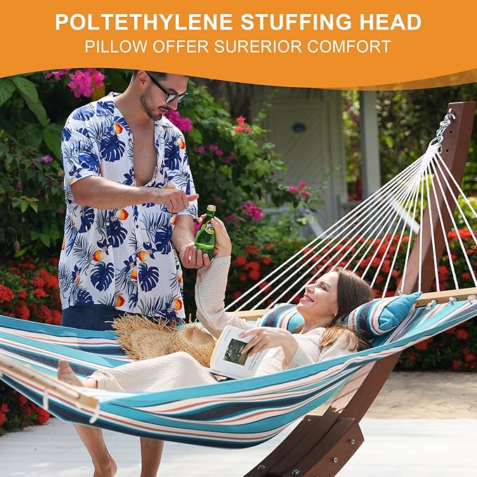 Lazy Daze 12 FT Sunbrella Fabric Hammock not Fading with Spreader Bars and Free Pillow Fits for Two Persons, All Weather and Fade Resistant for Patio Yard, 450 lbs Weight Capacity, Token Surfside