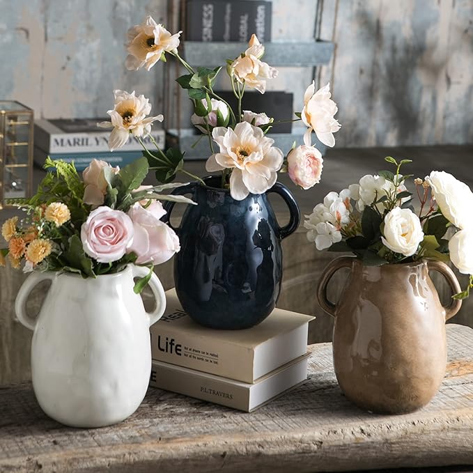 White Ceramic Vase with 2 Handles, Modern Farmhouse Decor, Rustic Terracotta Pottery, Decorative Flower Vases, Clay Small Vase, Centerpiece for Dining Table - 7 Inch Tall