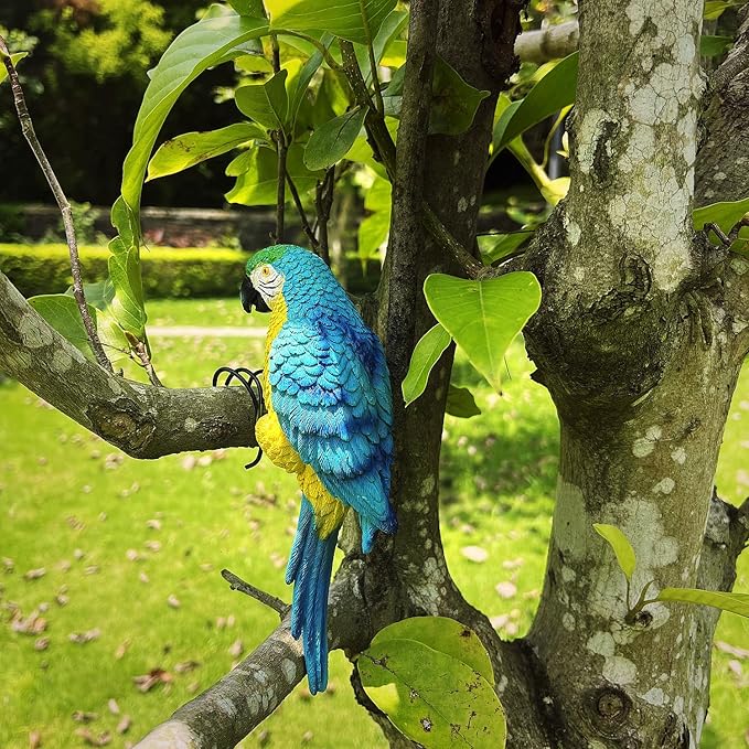 Realistic Parrot Sculpture Resin Hanging Parrots Garden Statues Lifelike Bird Figurines Landscape Ornament Patio Yard Lawn Figurine Tree Decor, Outdoor Garden Wall Statues (Blue)