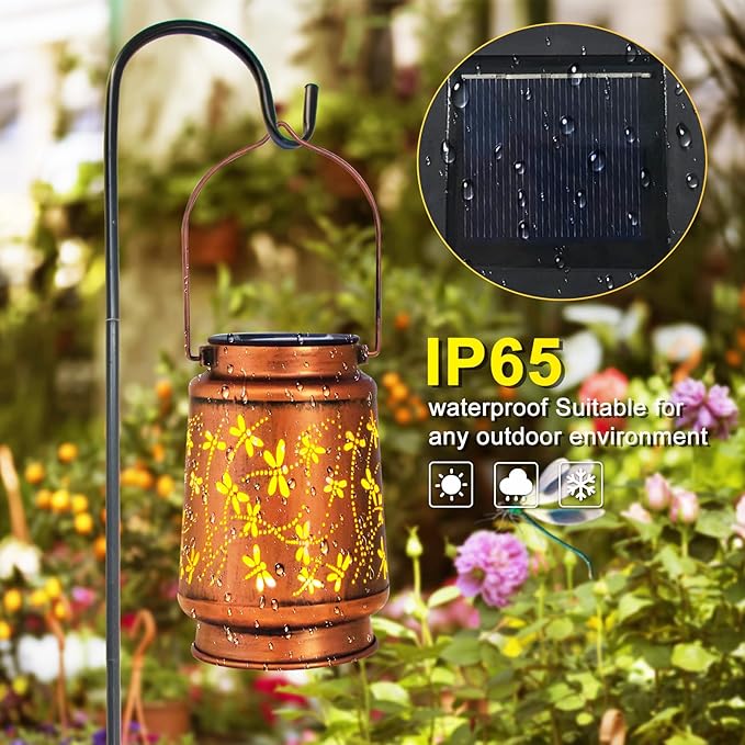 Mothers Day Gifts, Dragonfly Solar Lanterns Outdoor Hanging, Hollowed-Out Metal Waterproof LED Garden Decor Light for Patio Yard Pathway Lawn Front Porch Tree, Birthday Gifts for Women Mom Grandma
