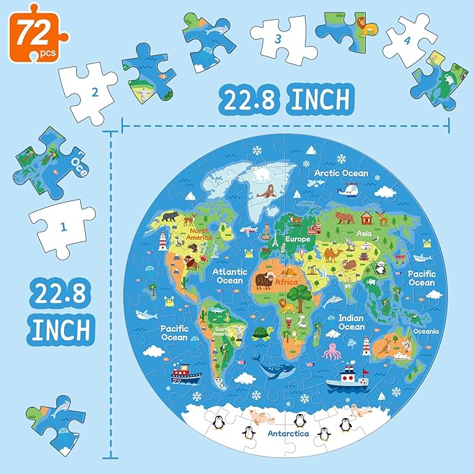 72 Piece World Map Jigsaw Puzzle for Kids 3-5, 4-6 Globe Round Floor Puzzles Geography Educational Birthday Gifts Learning Resource Educational Montessori Toys (World Map)
