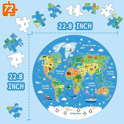 72 Piece World Map Jigsaw Puzzle for Kids 3-5, 4-6 Globe Round Floor Puzzles Geography Educational Birthday Gifts Learning Resource Educational Montessori Toys (World Map)
