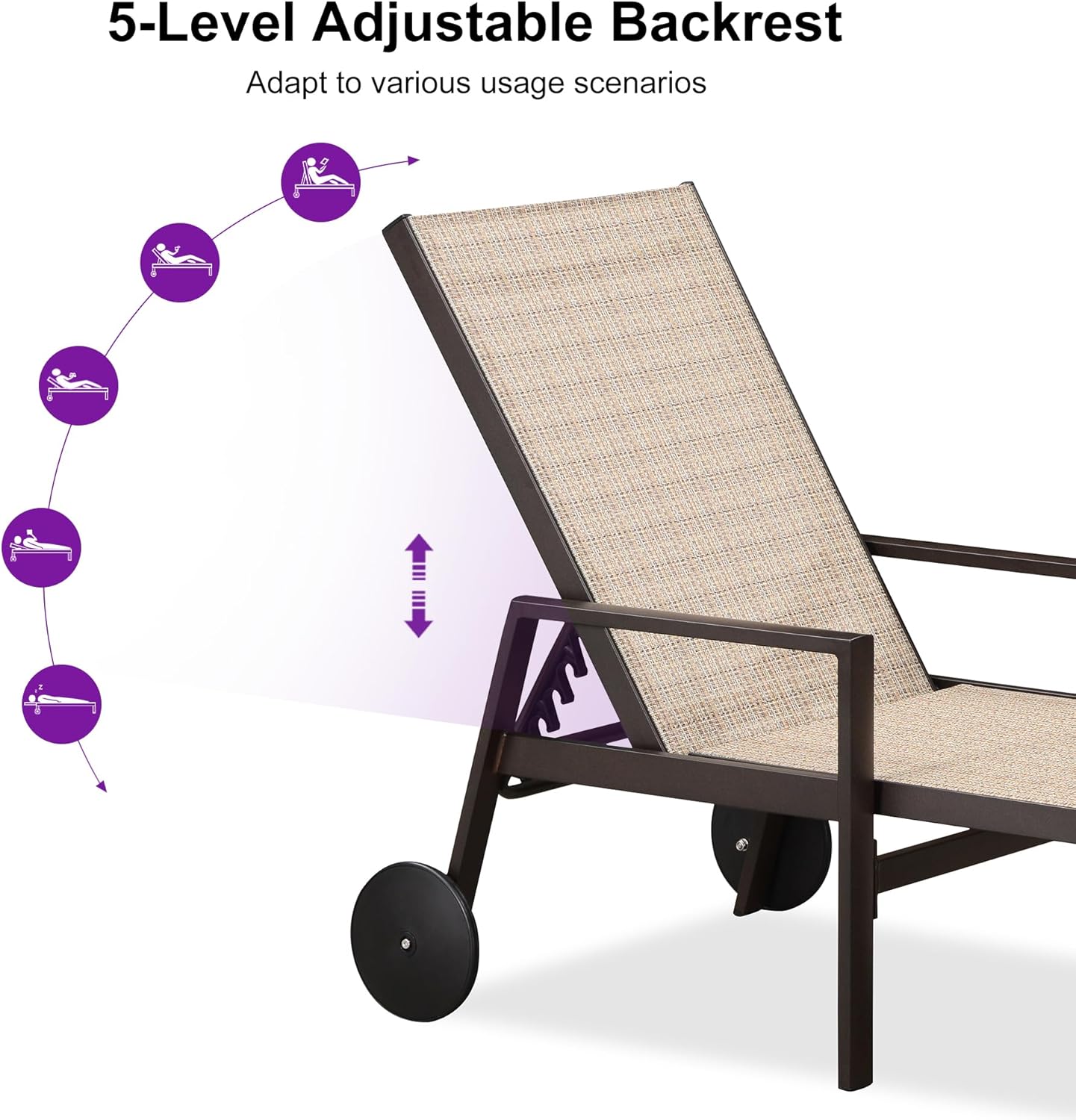 PURPLE LEAF Pool Lounge Chairs Set of 3 Aluminum Outdoor Lounge Chairs with Wheels and Armrests Adjustable Patio for Deck Outside Lawn Garden, Light Tan