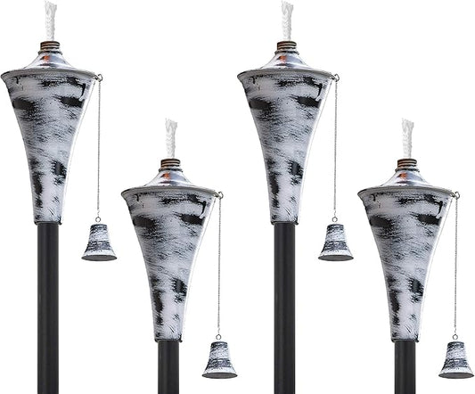 Set of 4, Oahu Premium Metal Outdoor Torches for Patio, Lawn and Garden - Tiki Style Metal Torch/w Snuffer, Fiberglass Wick & Large 16oz Oil Lamp - 53" Tall (Whitewash)