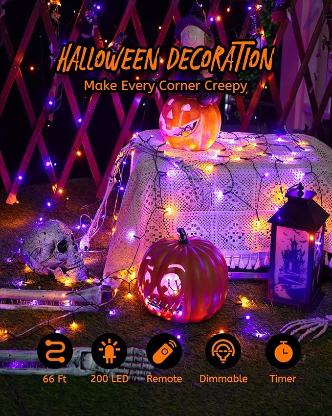 Minetom 196FT Purple & Orange Halloween Lights, 600 LED Halloween Fairy String Lights with 8 Modes, Plug in Orange Purple Hanging Twinkle Lights for Party Garden Bedroom Halloween Decorations