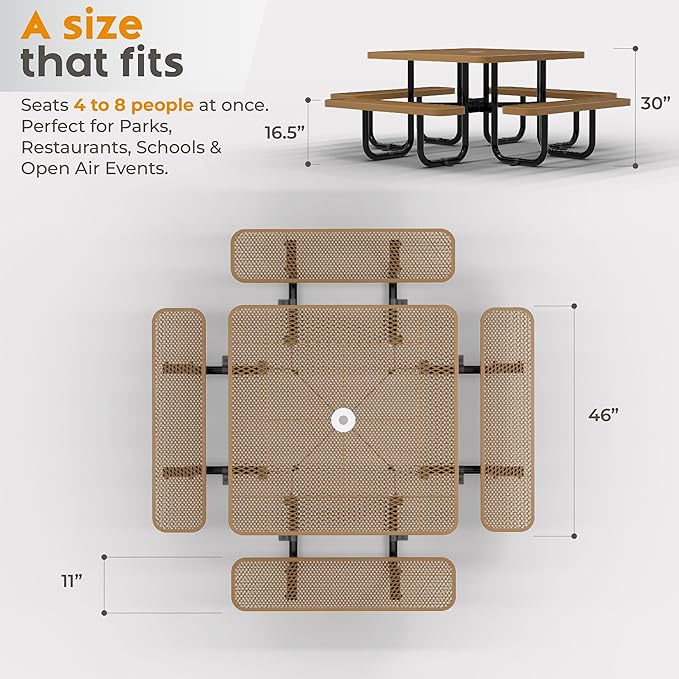 Metal Picnic Tables for Outdoors with Umbrella Hole - Coated Steel Heavy Duty Commercial Grade Table with Adjustable Seats (Brown, 46 in, Square, Expanded Steel)