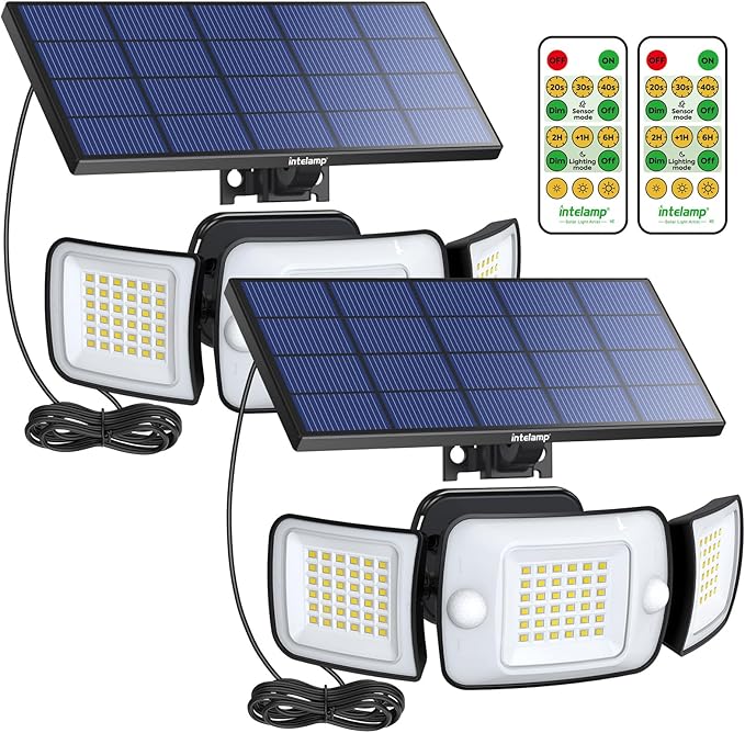 intelamp Solar Flood Lights Outdoor Waterproof, 2 Pack 6000mAh 1200LM Solar Powered Dual Motion Sensor LED Lighting Dusk to Dawn Security Floodlight Exterior with Remote 9.8ft Cable for Garden House