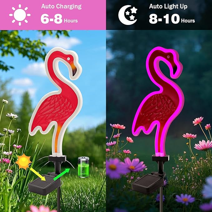 Solar Flamingo Pink Neon Light - 2Pack 42 inch Metal Garden Stake Lights, Flamingo Gifts for Women Path Lighting for Yard Lawn Patio Walkway Decor