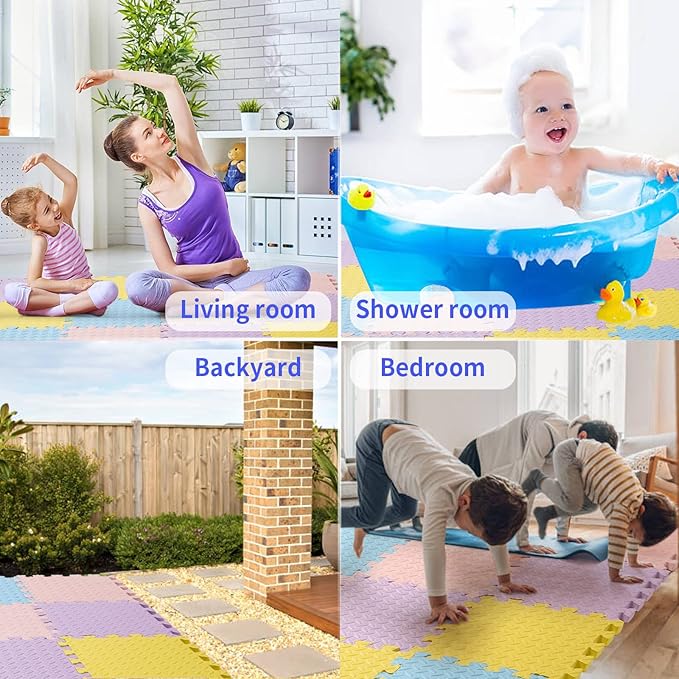 Foam Play Mat for Baby, EVA Non-Toxic Interlocking Floor Mats, Solid Colored Foam Puzzled Floor Mats, Baby Play Mat Exercise Mats, 16 Tiles(Pink/Purple/Yellow/Light Blue)