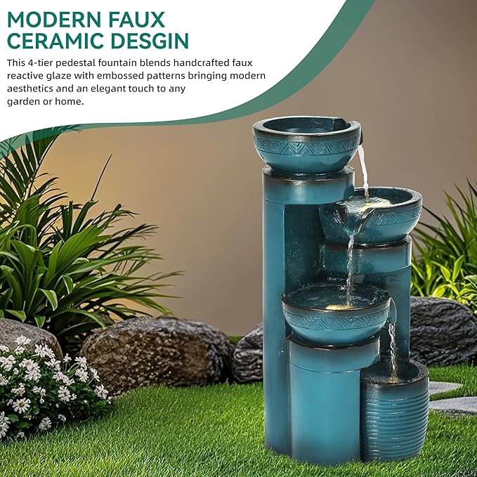 Autodaya 19.3" H Pedestal Outdoor Water Fountain with LED Lights and Pump, 4-Tier Cascading Water Feature, Tranuil Waterfall for Relaxing Garden, Patio, Yard, or Porch, Turquoise, Faux Ceramic Finish