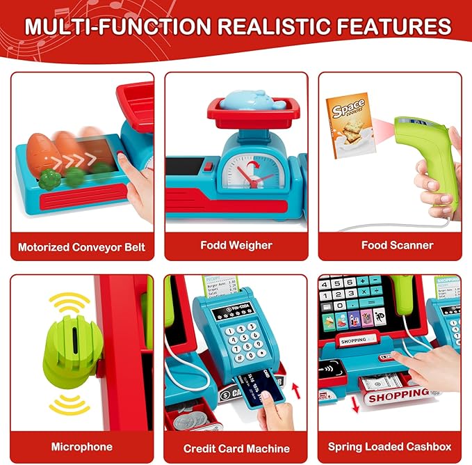 63PCS Cash Register for Kids, Kids Cash Register with Real Calculator, Pretend Play Store with Music/Motorized Conveyor/Play Money/Food Toys, Learning Toys for Boys Girls 3+, Red