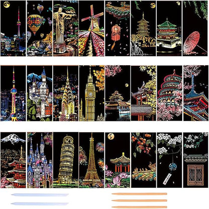 Georgie Porgy Scratch Paper Art Set for Kids Adults Magic Rainbow Scratchboards for DIY Arts and Crafts Kits Christmas Birthday Gift with Scratching Tools Kit (Bookmarks-Famous Scenery+Ancient Style)