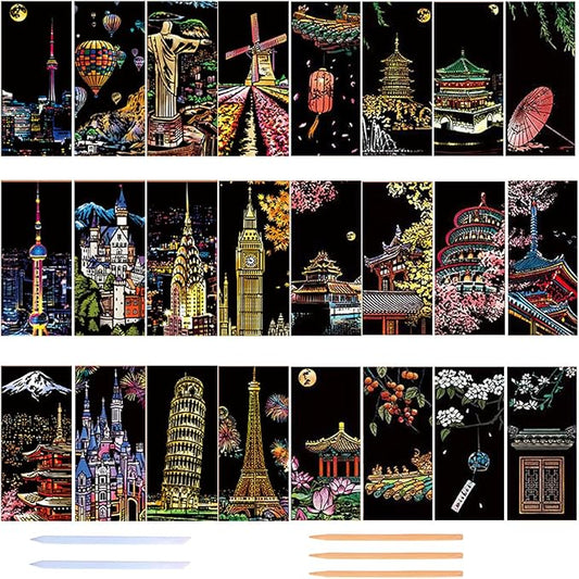 Georgie Porgy Scratch Paper Art Set for Kids Adults Magic Rainbow Scratchboards for DIY Arts and Crafts Kits Christmas Birthday Gift with Scratching Tools Kit (Bookmarks-Famous Scenery+Ancient Style)
