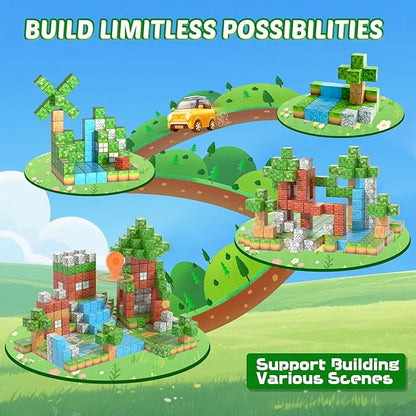 Magnetic Blocks - 157PCS Magnetic Building Blocks Set, 1 Inch Magnet Cubes Build Mine Forest World Stacking Toy for Kids, STEM Sensory Construction Toys, Christmas Birthday Gifts for Boys Girls Age 3+