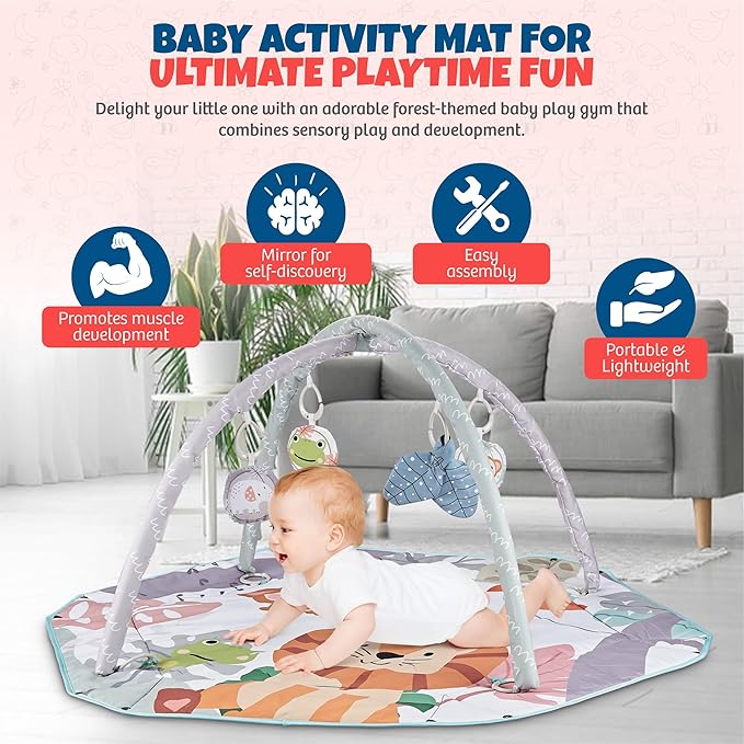 Henry & Colin Baby Activity Play Gym Mat with Hanging Toys, Soft Padded Mat, Sensory Development Play Area for Newborns and Infants, Convertible Play Center for Tummy Time and Fun Learning (Blue)