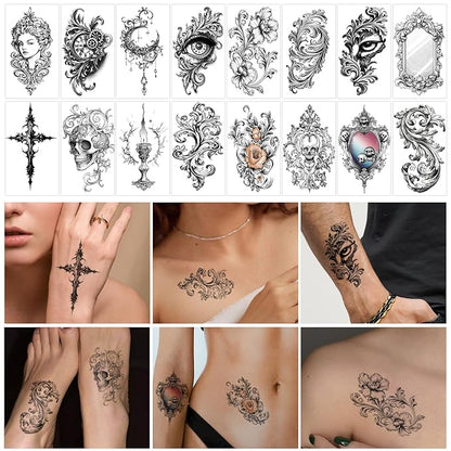 47 Sheets Baroque Temporary Tattoo for Women Men, 17 Sheets Half Arm Large Cross Skull Poker Angels Fake Tattoos, 30 Sheets Lion Flowers Tiny for Adult Kids Body Tattoos Stickers Realistic
