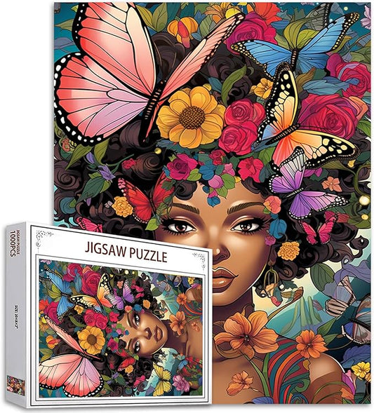 Tucocoo Afro Woman Jigsaw Puzzles for Adults 1000 Pieces, Abstract Butterfly Flower Black Girl Art Jigsaw Puzzle Colorful DIY Puzzles for Home Decoration Gifts, Family Puzzle Perfect for Game Nights