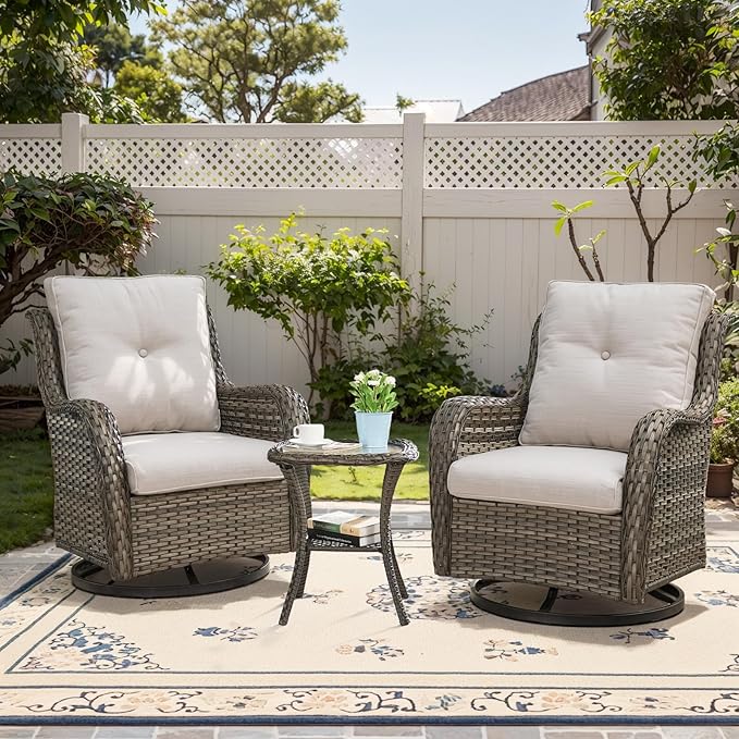 3 PCS Patio Furniture Set - Mixed Grey Wicker Swivel Rocking Chairs with Side Table, Furniture Set for Outdoor